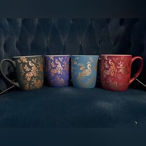 Set of 4 Dwell Studio Soft Touch Peacock Coffee Mugs - Green, Purple, Teal, Clay